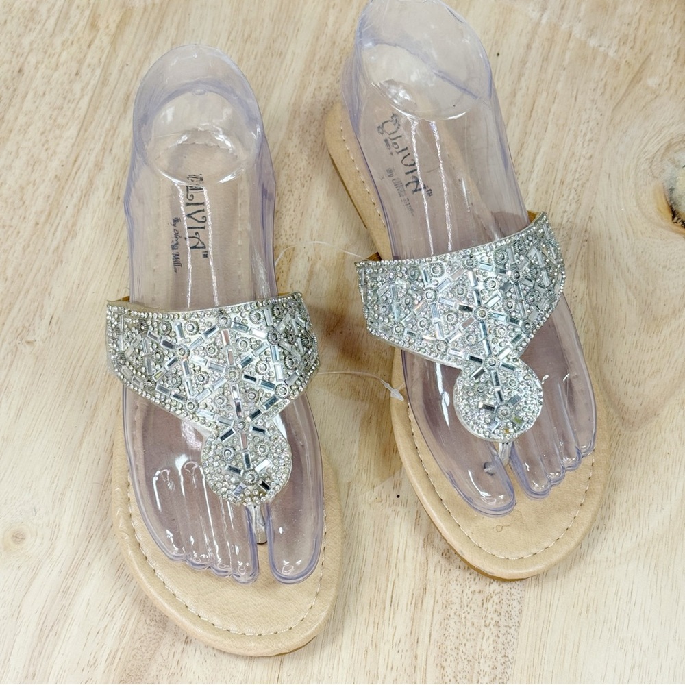 Olivia Miller Metallic Rhinestone Thong Flip Flop Sandals Silver Tan‎ Size 6
